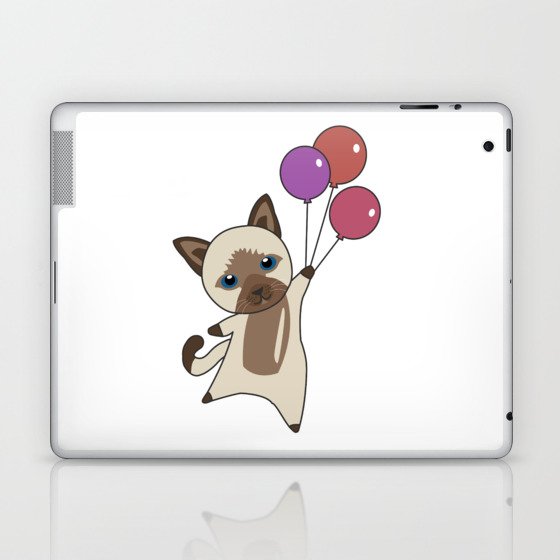 Cat Flies Up With Colorful Balloons Laptop & iPad Skin