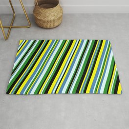 [ Thumbnail: Yellow, Blue, Light Cyan, Forest Green, and Black Colored Stripes Pattern Rug ]