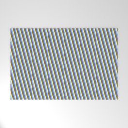 [ Thumbnail: Sky Blue, Slate Blue, Green, and Beige Colored Striped Pattern Welcome Mat ]