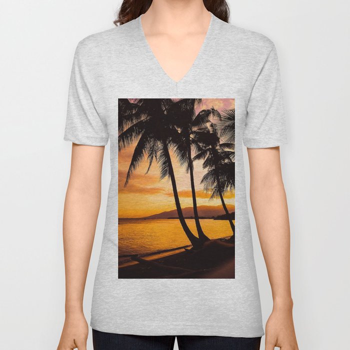 Sunset At Beach V Neck T Shirt