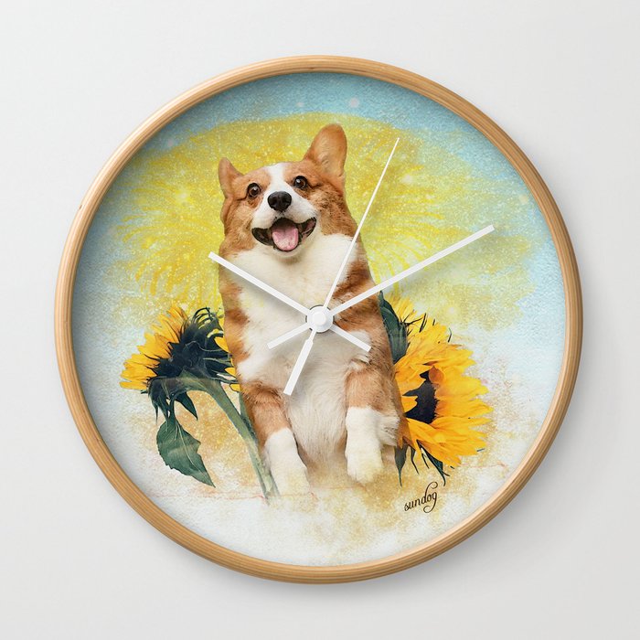 Sundog. Cute corgi puppy and sunflowers painting  Wall Clock