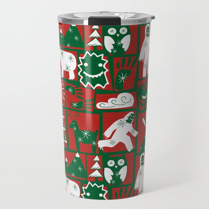 Yeti with forest friends blocks in Red Green Holiday Travel Mug