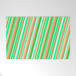 [ Thumbnail: Vibrant Light Cyan, Green, Tan, Light Salmon & Lime Green Colored Striped Pattern Welcome Mat ]
