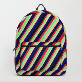 [ Thumbnail: Colorful Crimson, Light Green, Tan, Blue & Black Colored Lined Pattern Backpack ]