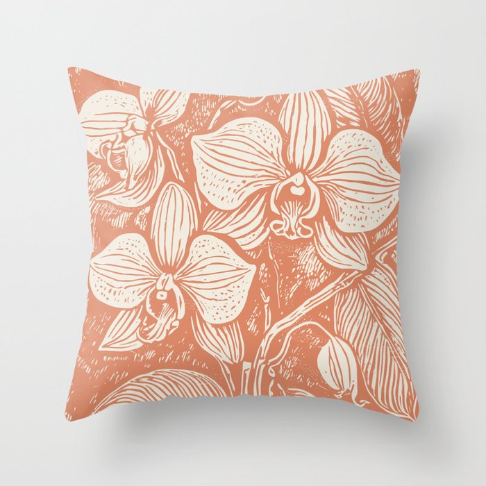 Lithograph style Orchids in Coral tone Throw Pillow