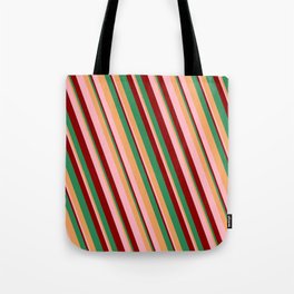 [ Thumbnail: Brown, Light Pink, Dark Red, and Sea Green Colored Lines/Stripes Pattern Tote Bag ]
