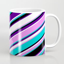 [ Thumbnail: Eyecatching Violet, Dark Turquoise, Black, Indigo & White Colored Lines/Stripes Pattern Coffee Mug ]