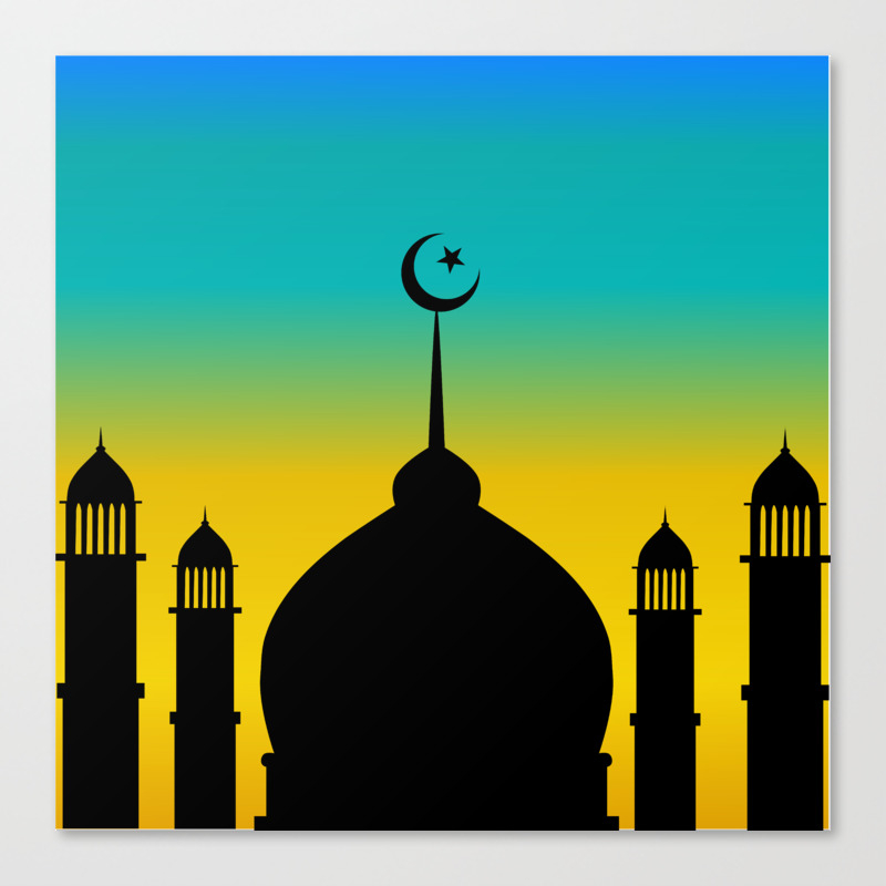 Mosque Dome And Minaret Silhouette With Moon During Sunset Eid