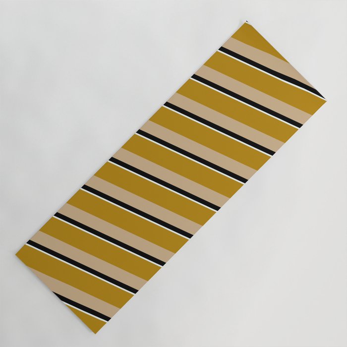 Dark Goldenrod, Tan, Black & Mint Cream Colored Lines Pattern Yoga Mat
