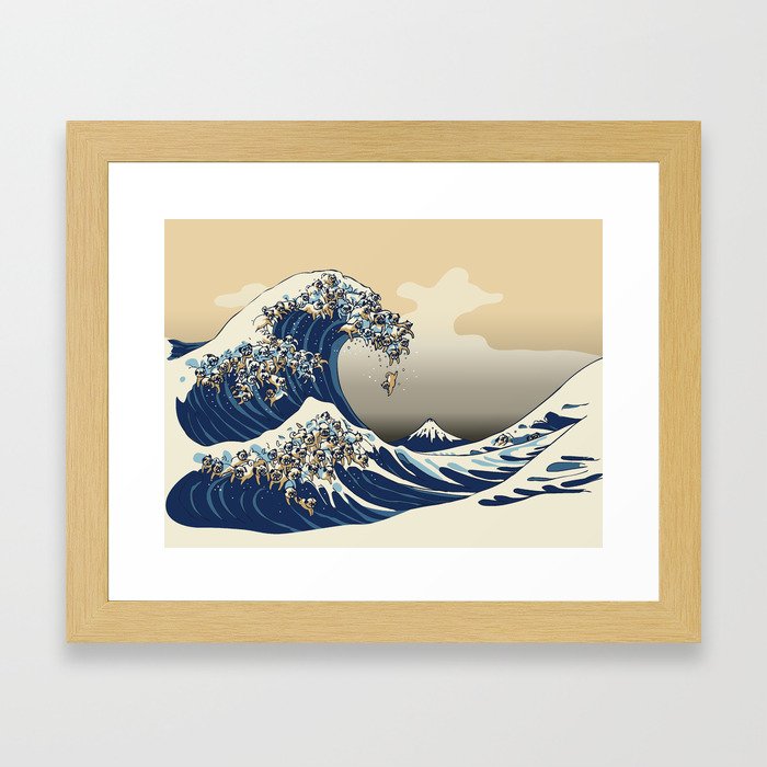 The Great Wave of Pugs Vanilla Sky Framed Art Print