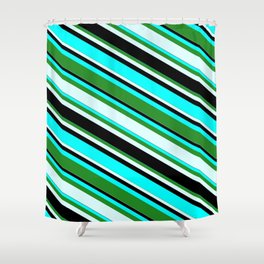 [ Thumbnail: Aqua, Forest Green, Light Cyan, and Black Colored Lines/Stripes Pattern Shower Curtain ]