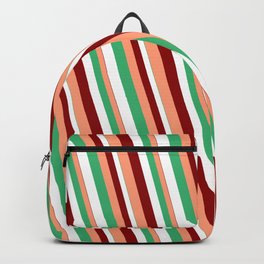 [ Thumbnail: Sea Green, White, Dark Red & Light Salmon Colored Lines/Stripes Pattern Backpack ]