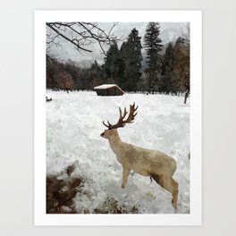 White deer with snow Art Print