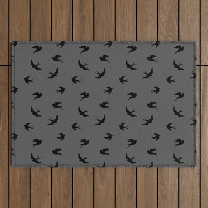 Black Flying Birds Seamless Pattern on Dark Grey background Outdoor Rug