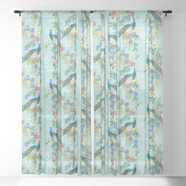 Peacock Floral Botanical Vertical Stripe Print // Teal, Green, Gold, Blue, Pink // Large Sheer Curtain