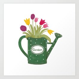 Green watering can with colorful spring bouquet Art Print
