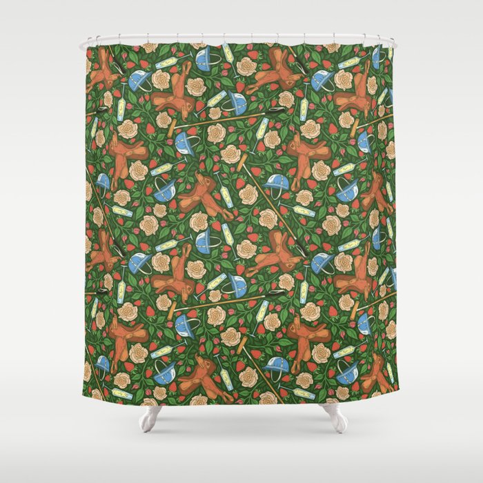 Polo Helmet And Saddle Among Red Strawberries Champagne Shower Polo Helmet And Saddle Among Red Strawberries Champagne Shower Curtain By Pinatafoundry Society6