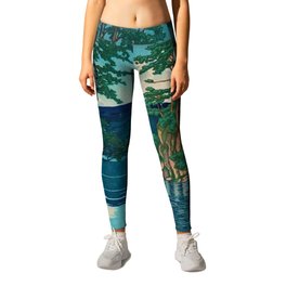 Lake Towada beautiful nature lake Asian landscape painting scene with mirror blue water by Hasui Kawase Leggings