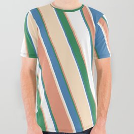 [ Thumbnail: Eye-catching Dark Salmon, Sea Green, Blue, White, and Bisque Colored Stripes Pattern All Over Graphic Tee ]