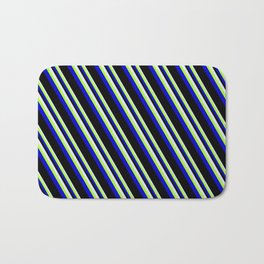 [ Thumbnail: Lavender, Light Green, Blue & Black Colored Pattern of Stripes Bath Mat ]