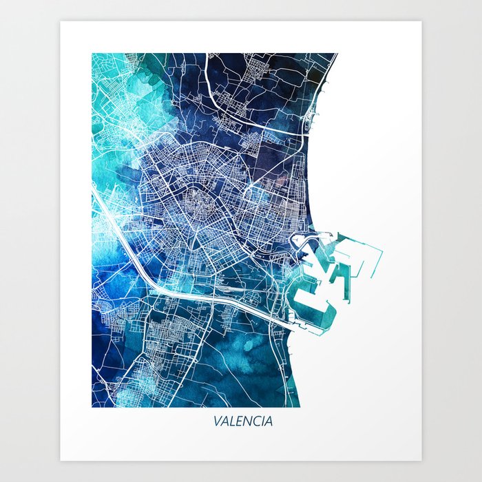 Valencia Spain Map Navy Blue Turquoise Watercolor Art Print