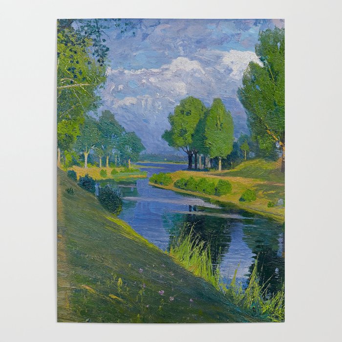 Fair-weather clouds reflecting un dark blue river spring landscape painting by Lotten Rönquist  Poster