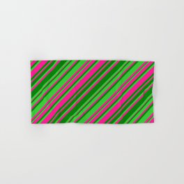 [ Thumbnail: Deep Pink, Green & Lime Green Colored Lines Pattern Hand & Bath Towel ]