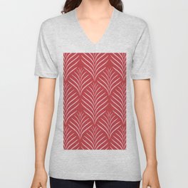 Palm Leaves Ogee Pattern Red and Pink V Neck T Shirt