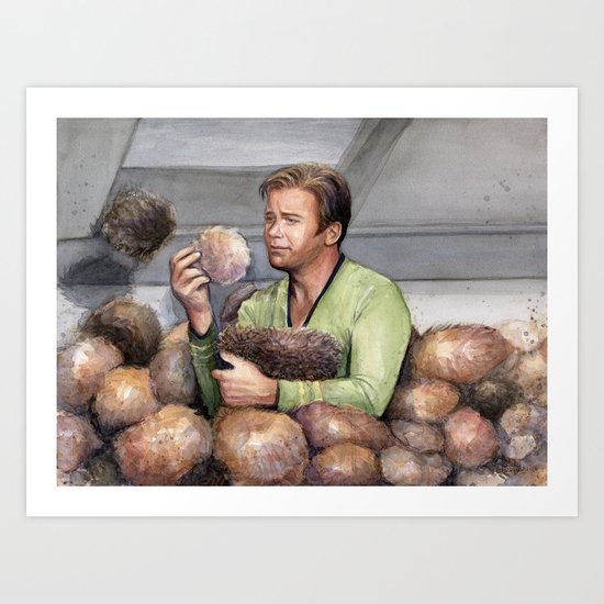 Captain Kirk and Tribbles Sci-Fi Portrait Art Print
