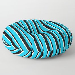 [ Thumbnail: Deep Sky Blue, Black, and Light Yellow Colored Lines Pattern Floor Pillow ]