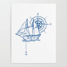 Blue Sailing Ship Poster