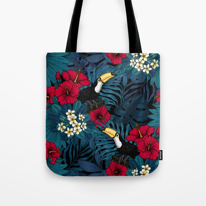 Toucans and tropical flora, green and red Tote Bag