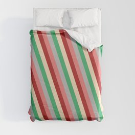 [ Thumbnail: Colorful Sea Green, Grey, Light Coral, Red & Bisque Colored Lines Pattern Duvet Cover ]