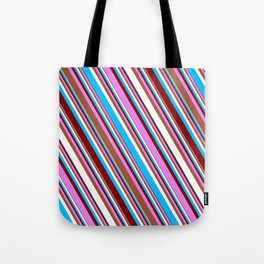 [ Thumbnail: Colorful Deep Sky Blue, Maroon, Violet, Sienna & White Colored Striped/Lined Pattern Tote Bag ]