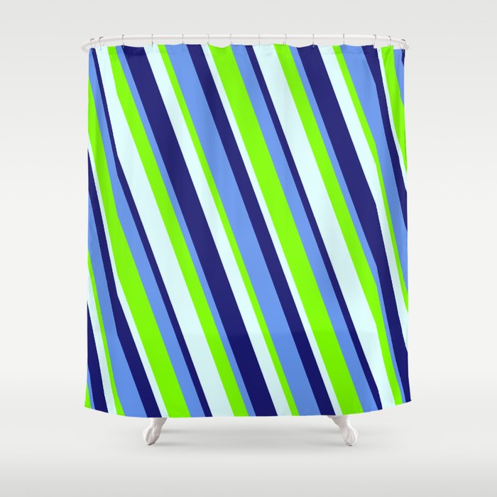Cornflower Blue, Chartreuse, Light Cyan, and Midnight Blue Colored Lined Pattern Shower Curtain