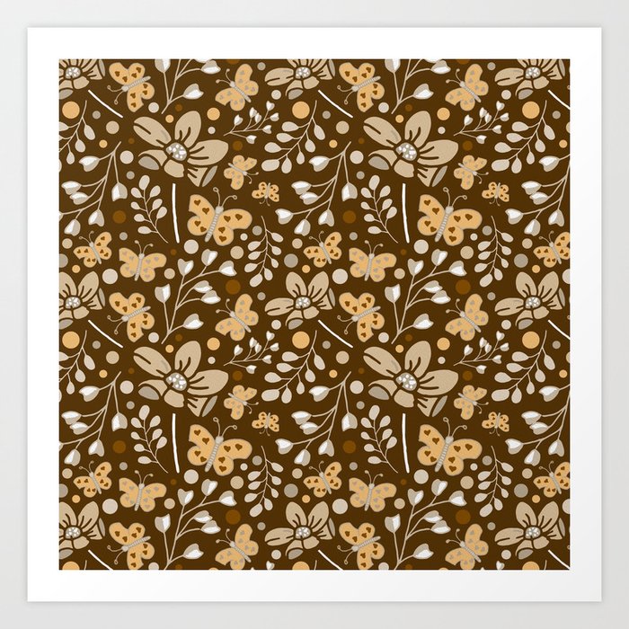 Rustic Retro Autumn Floral Butterfly Art Print