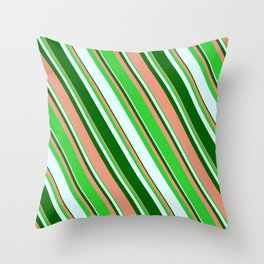 [ Thumbnail: Dark Salmon, Lime Green, Light Cyan, and Dark Green Colored Stripes/Lines Pattern Throw Pillow ]
