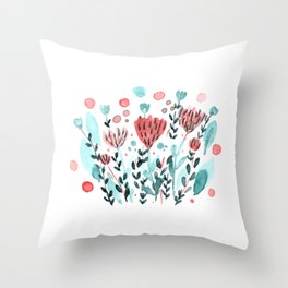 Watercolor whimsical flowers - coral and green Throw Pillow
