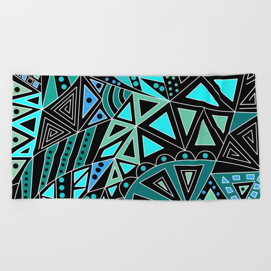 Ethnic pattern in blue turquoise tones on a black background . Beach Towel