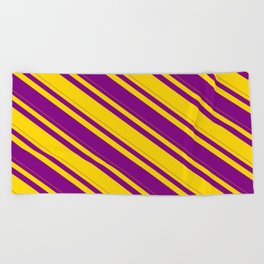 [ Thumbnail: Yellow and Purple Colored Stripes/Lines Pattern Beach Towel ]