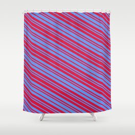 [ Thumbnail: Crimson and Cornflower Blue Colored Lines Pattern Shower Curtain ]