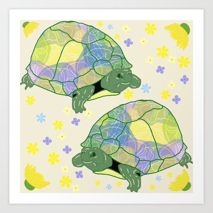 Yellow Floral Shell Turtles Art Print