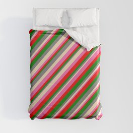 [ Thumbnail: Eye-catching Gray, Bisque, Hot Pink, Red & Green Colored Lines/Stripes Pattern Duvet Cover ]