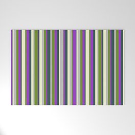 [ Thumbnail: Colorful Light Yellow, Dark Slate Gray, Dark Orchid, Green, and Grey Colored Striped Pattern Welcome Mat ]