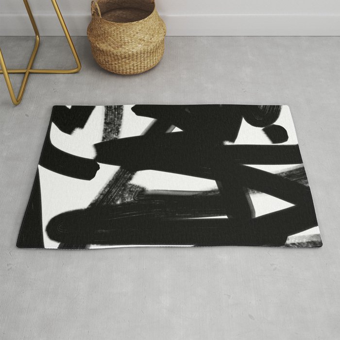 Thinking Out Loud - Black and white abstract painting, raw brush strokes Rug