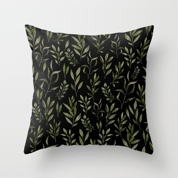 Eucalyptus- Green Leaves Dark Background  Throw Pillow
