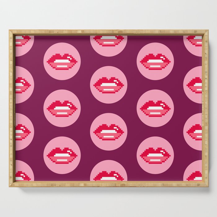 Valentine's retro pixel lips circles burgundy Serving Tray