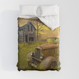 Abandoned Pickup Truck and Farm House at Sunset in a Rural Landscape Duvet Cover