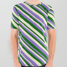 [ Thumbnail: Purple, Dark Green, and Light Yellow Colored Stripes Pattern All Over Graphic Tee ]