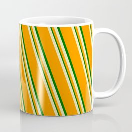 [ Thumbnail: Pale Goldenrod, Dark Orange, and Dark Green Colored Lined Pattern Coffee Mug ]